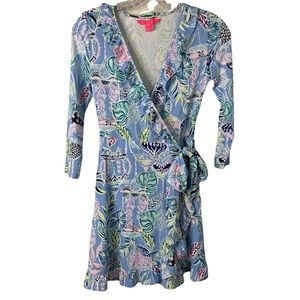 Lilly Pulitzer Blue Jessalynne Romper Wrap Dress Tropical Ruffle Size XXS.